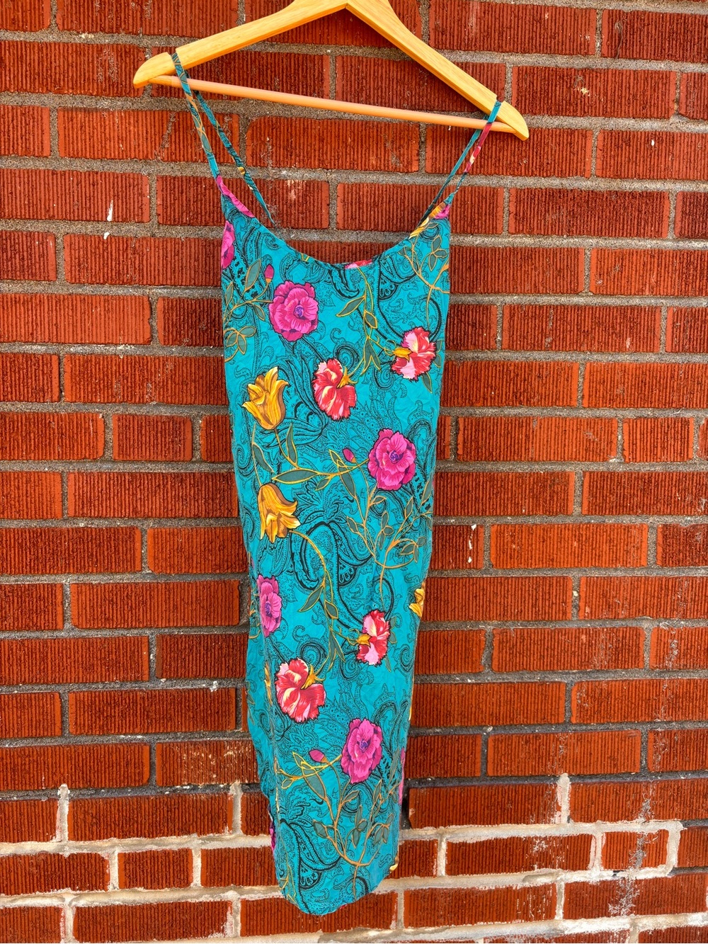 Vintage Rene Rofe Teal Floral Slip Dress with Pink Yellow Accents bridal nighty